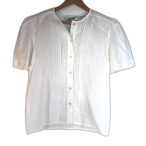 Jospehine VTG White Lace Trim Basic Neutral Blouse Pintucking Dressy Size 8